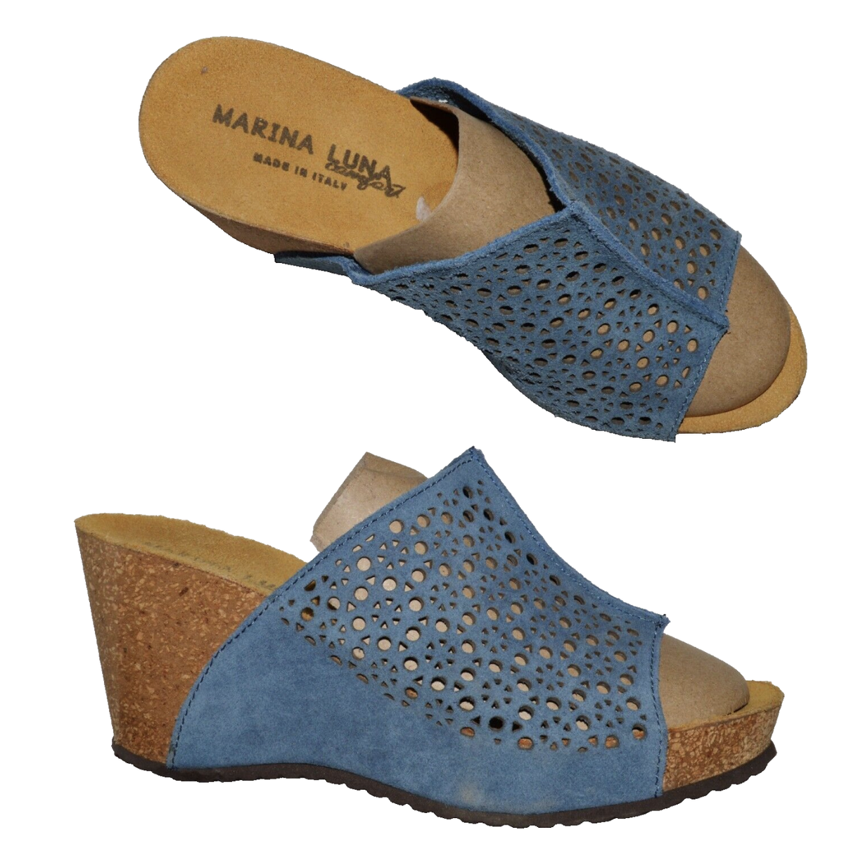MARINA LUNA COMFORT SZ 7.5 M BLUE PERFORATED LEATHER CORK