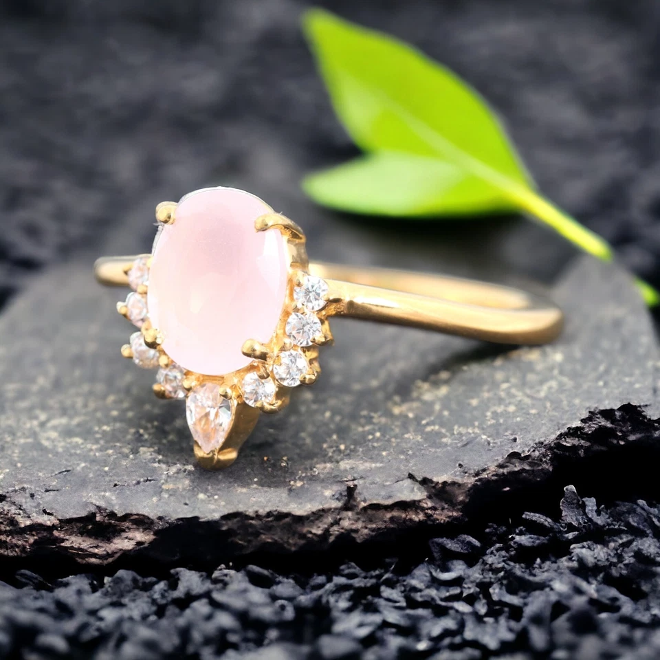 9k Solid Gold 8x6MM Oval Shape Natural Rose Quartz Ring Cubic Zirconia Ring Foto 3 de 4