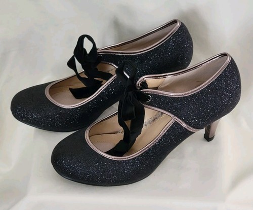 Bettie Page Shoes By Ellie Black Glitter Low Heel Pumps Size 9 Velvet Vamp Ties - Picture 10 of 20