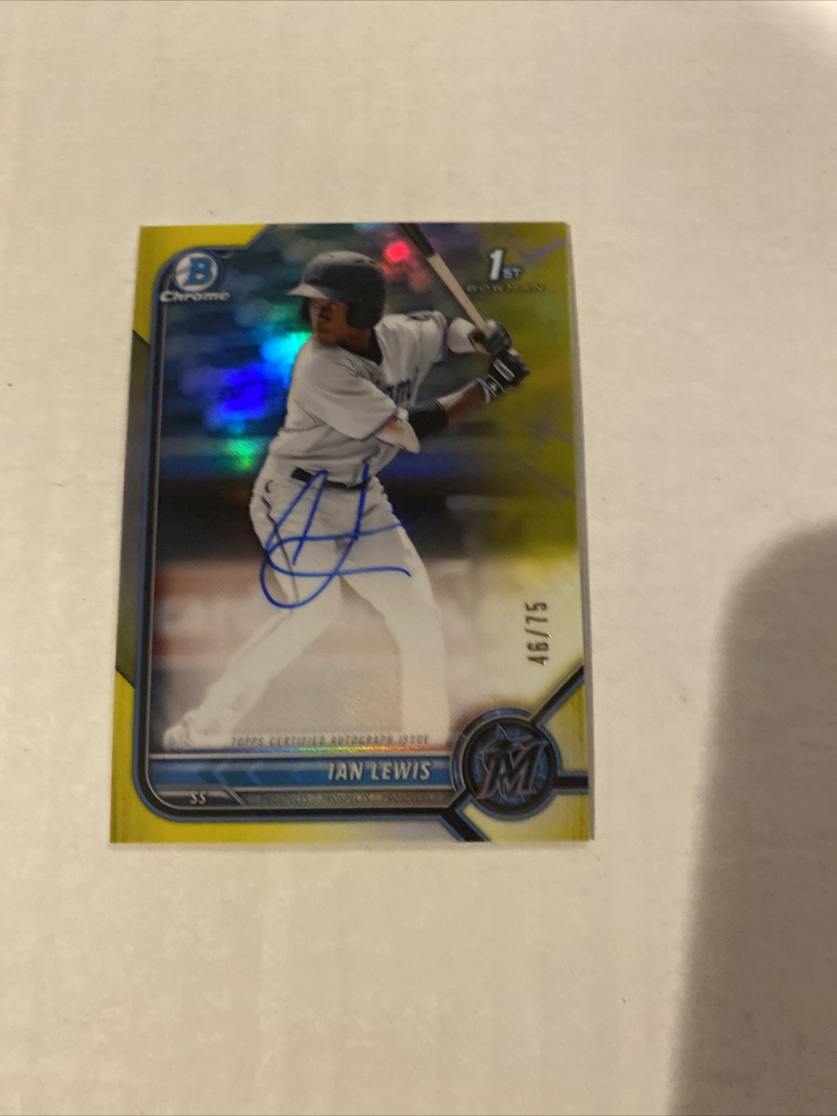 2022 Bowman Chrome 1st Ian Lewis Auto #d 46/75 Yellow Refractor Marlins