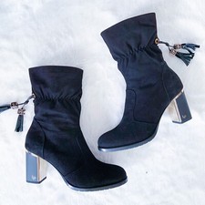 $498 | Loretta Pettinari | Suede Leather Black Ankle Boots Tassel Block Heel 40