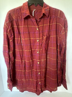 Free People Break My Stride Plaid Button Down Shirt, Red, Metallic Stripe Small
