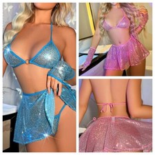 Women 4Pcs Lingerie Dress Suit Shiny Sequin Glitter Nightclub Rave Dance Outfits