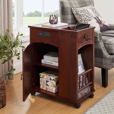 Walnut End Table with Wheels Narrow Side Table w/USB Ports Outlets Nightstand