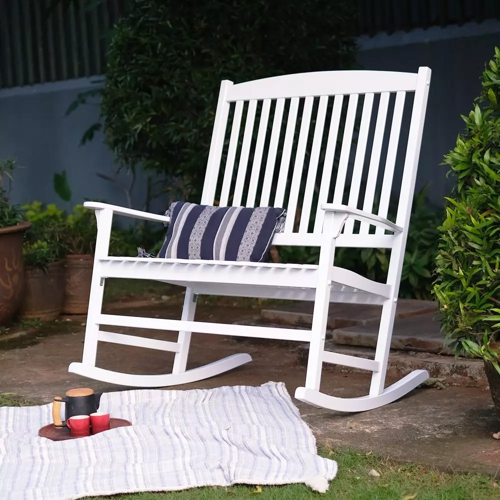 2 Person Double Rocking Chair Outdoor Patio Solid Wood Rocker Slatted Backrest