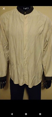 Men's Size Large Vintage Long Sleeve Round Black Collared Beige Dress Shirt Nice