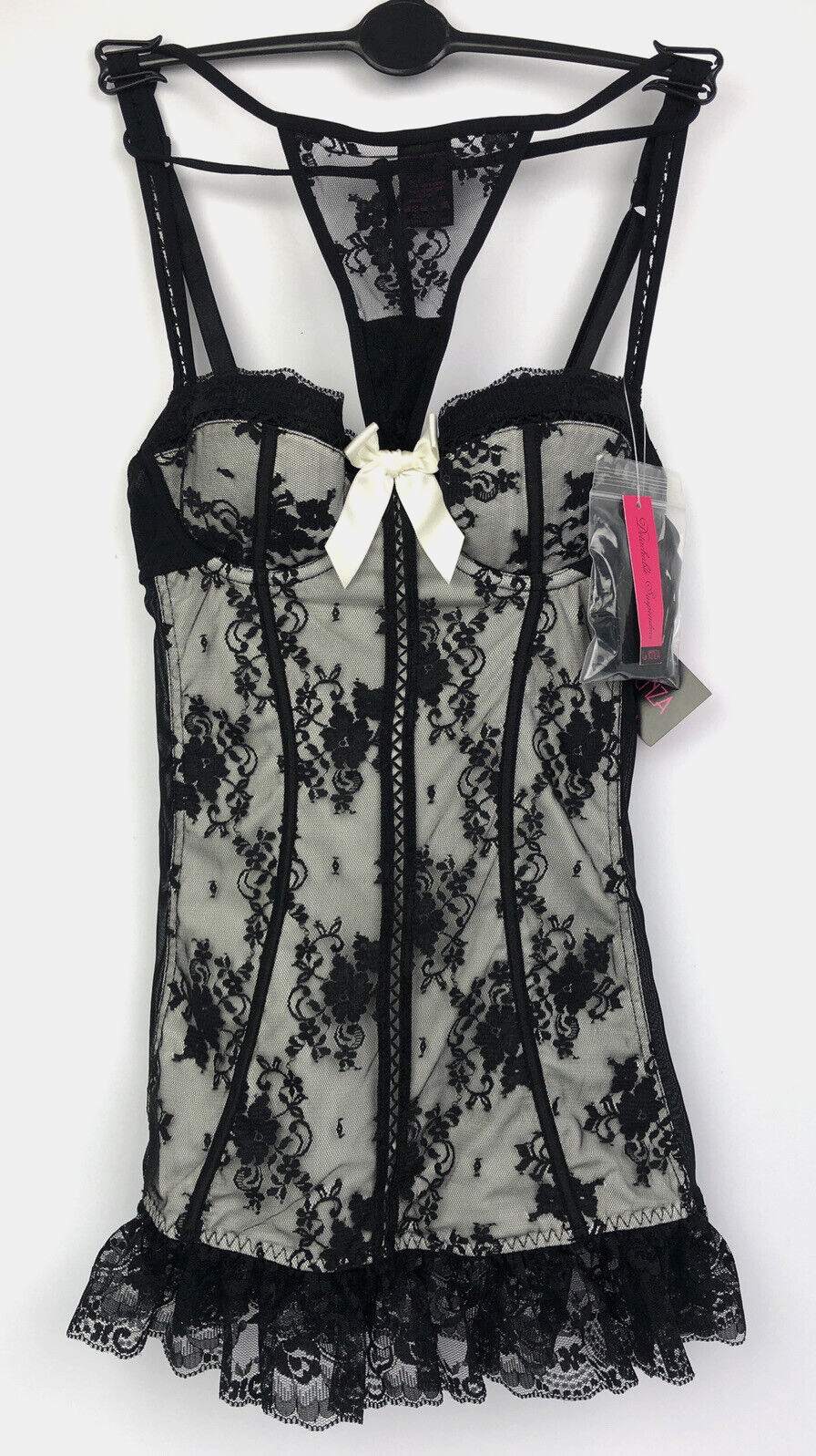 La Senza Babydoll G-string Thong & Suspenders  UK 8 B / C : 30B - 30C BLACK BNWT