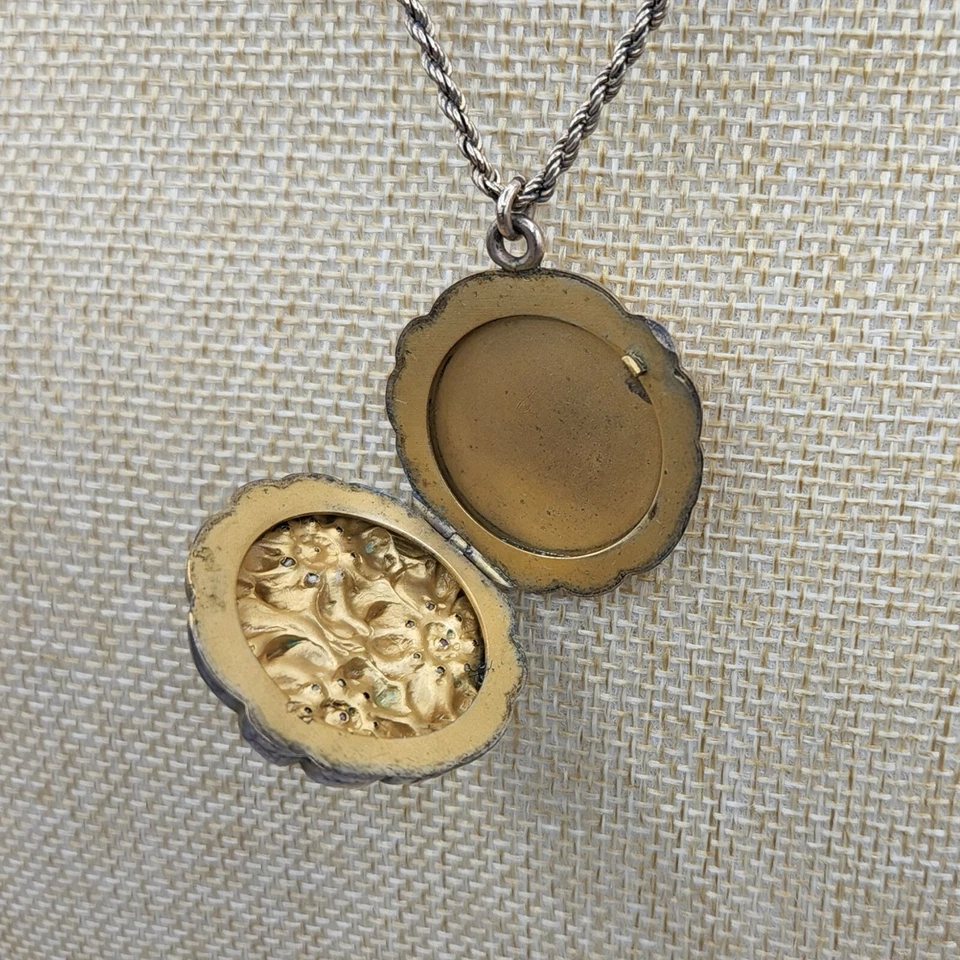 Collar Medallón Art Nouveau Relleno Oro Pasta Rubí Tres Pensamientos Flor Repousse 16" Foto 4 de 4