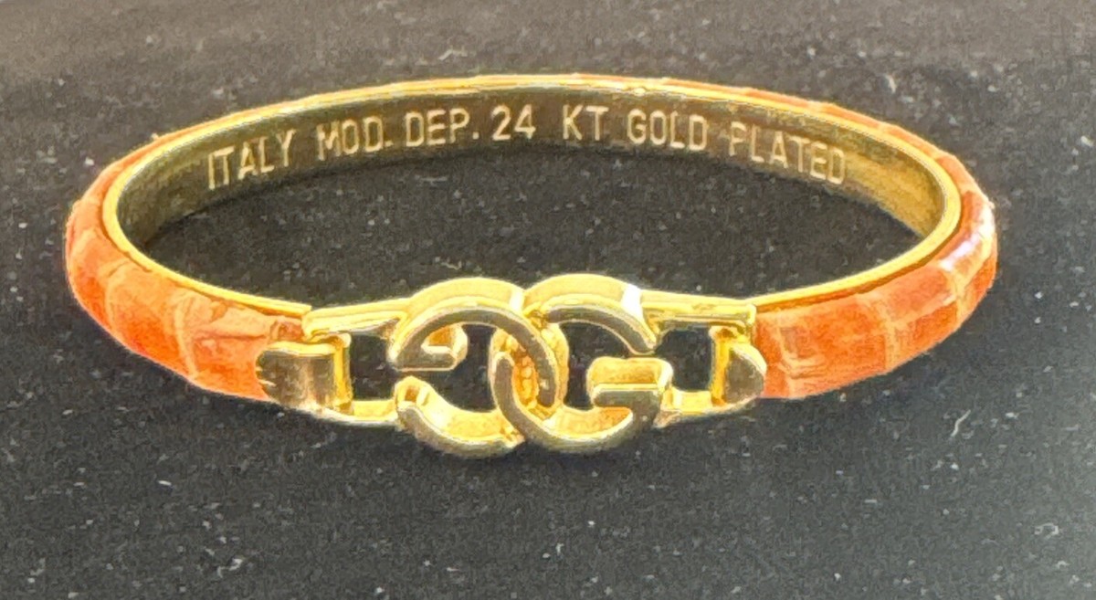 GUCCI Pink Salmon Bangle Bracelet Snakeskin 24 KT GP Made In Italy