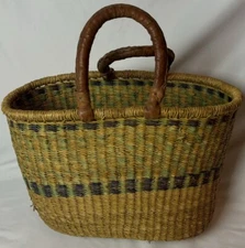 Large Ghana Bloga Basket Hand Woven Double Leather Handles Blue Green Straw