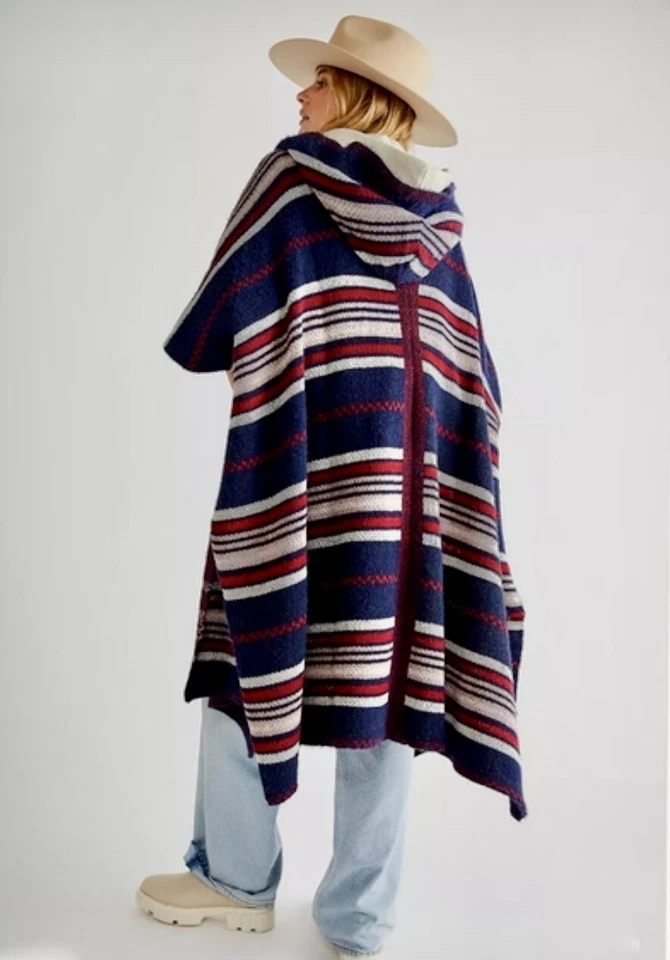 Free People Cold Canyon Hooded Poncho Striped Hooded Oversized Blue Red O/S NEW - Image 2 of 4