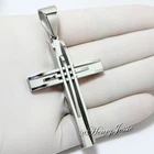 MEN's Stainless Steel 2.2"x1.6" Silver Triple Line Cross Charm Pendant*A