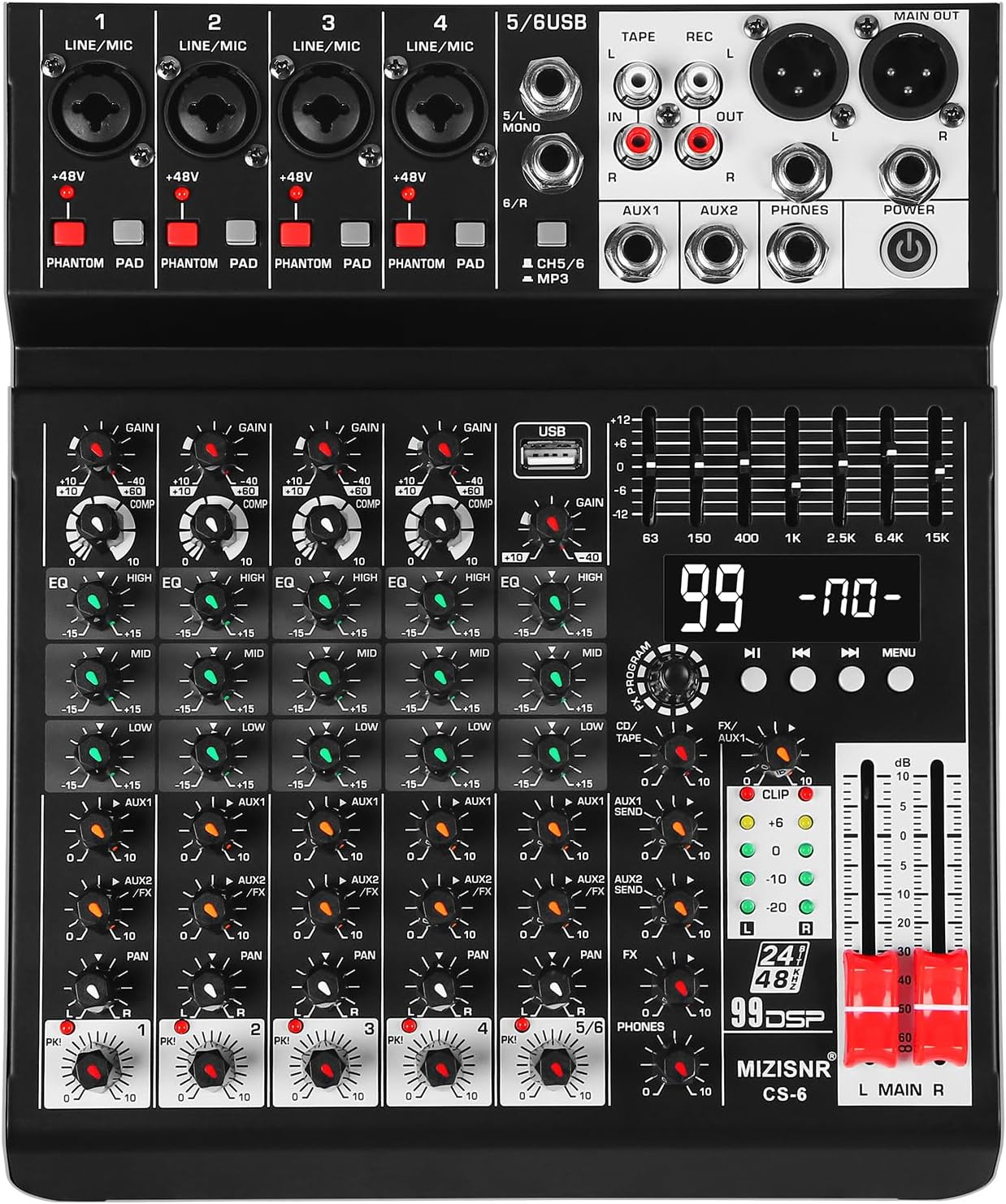 Audio Mixer 6 Channel Sound Mixer Console, Professional Music Mixing Board DJ Mi