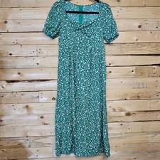 SHEIN Green Floral Puff Sleeve Midi Dress Sweetheart Neckline Slit Size 4