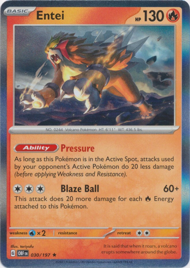 Entei - 030/197 - Holo Rare (Near Mint) Obsidian Flames - Fire Pokémon