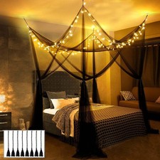HEYCOLOR Black Bed Canopy 4 Corner with 100 LED Star Lights Gothic Bedroom Decor