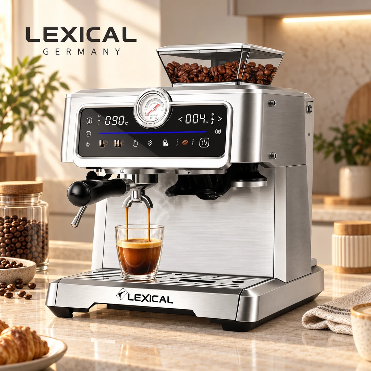 Máquina de café espresso Lexical Germany 2 en 1 molinillo incorporado, bomba de 20 bares 2,3 L