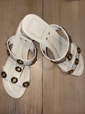 Tory Burch Grommet Leather Sandals Mini Heels Slip On WHITE PATENT LEATHER 8