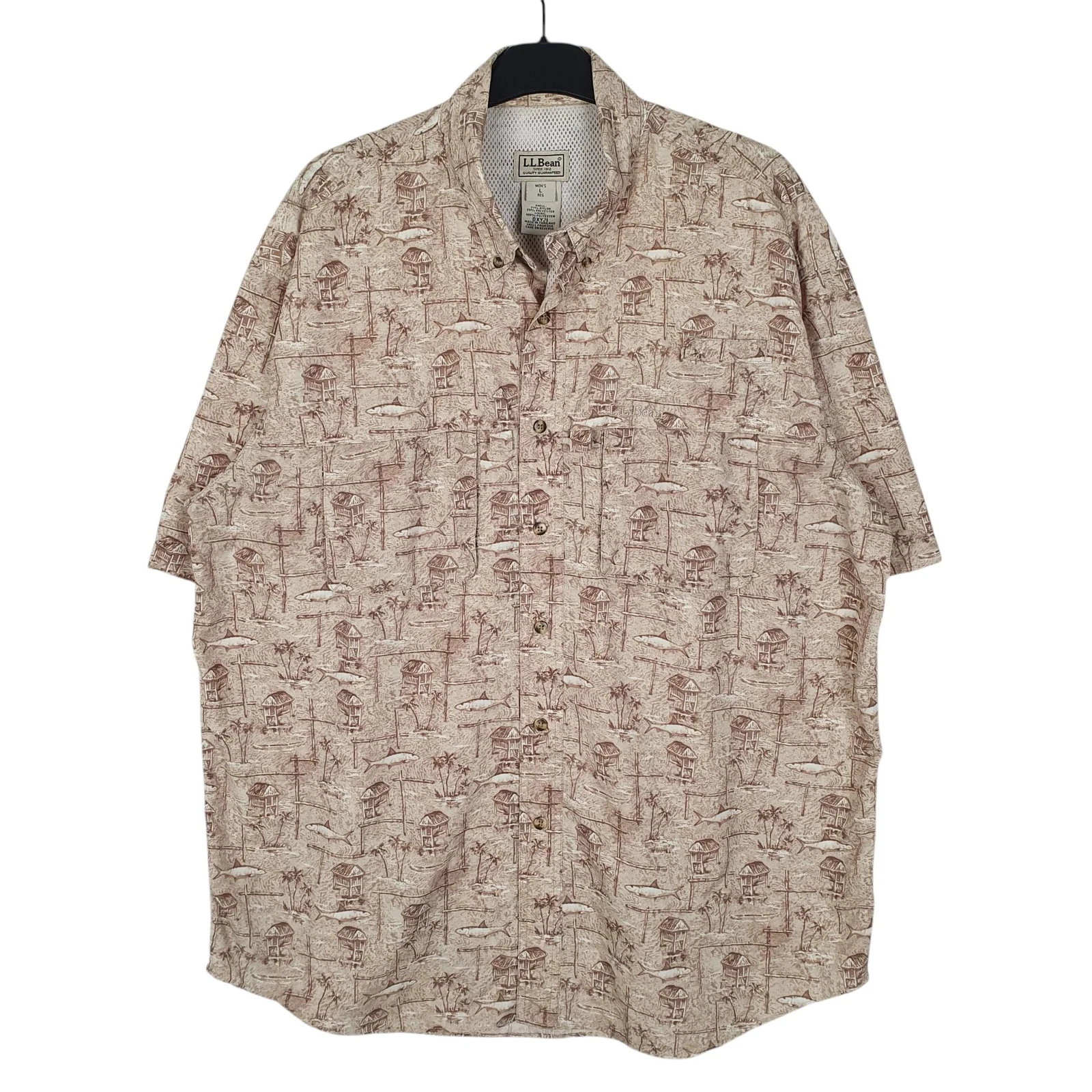 L.L.BEAN Beige Shirt Hunting Fishing Hiking Short Sleeve Polyester & Nylon Mens