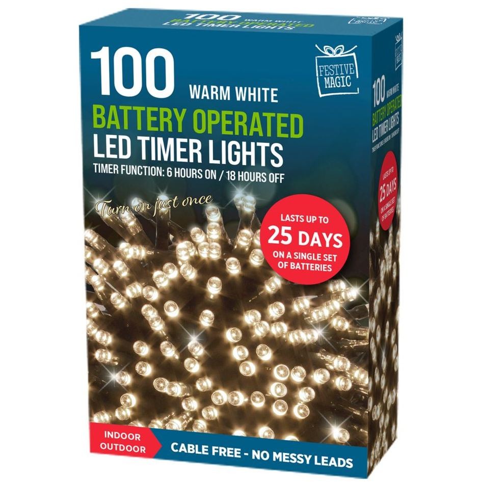Festive Magic LED Battery Operated Timer Lights 100 Warm White