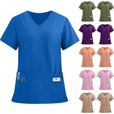 Women's Scrub Medical Uniform Top Tunic Nurse Hospital Work Wear V-Neck Tops AU