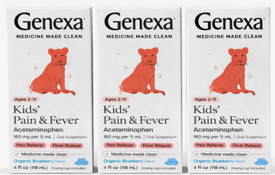 3 - 3/27 Genexa Kids Pain & Fever 3@4 fl oz Organic Blueberry 160mg/5mL Acetamin
