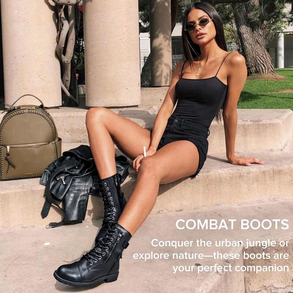 Vepose Women's 928 Combat Boots Low Heel, Mid Calf Military with