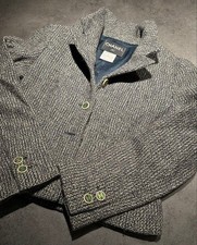 CHANEL Tweed Tailored Blazer Jacket Gray Navy Logo Buttons Womens