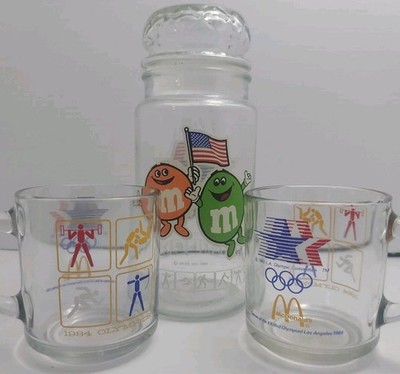 Olympics Los Angeles 1984  Games M&M Glass Canister & 2 McDonald's Coffee Cups
