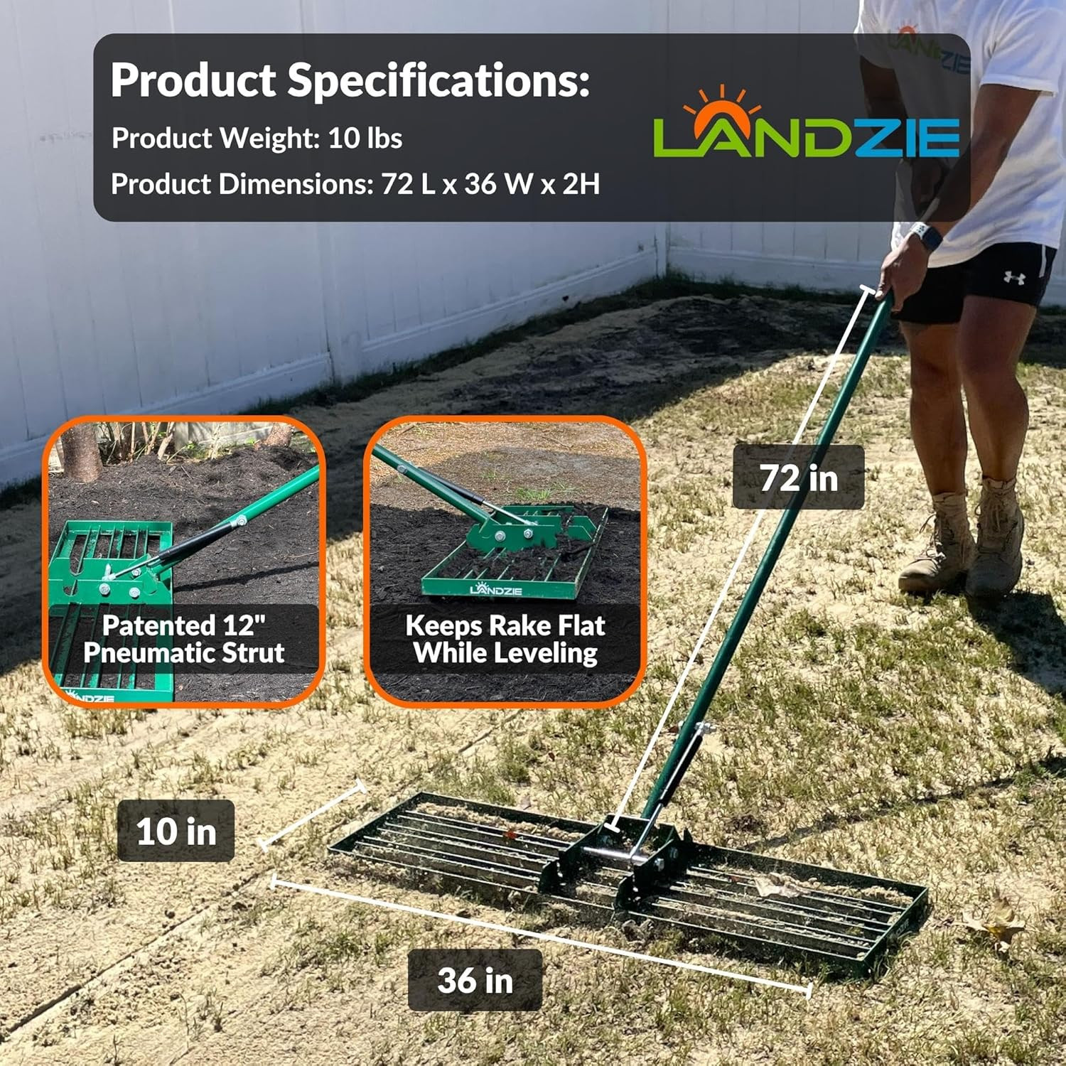 Landzie Aeroleveler - the Lawn Leveling Rake That Never Flips - Patented 36 Inch