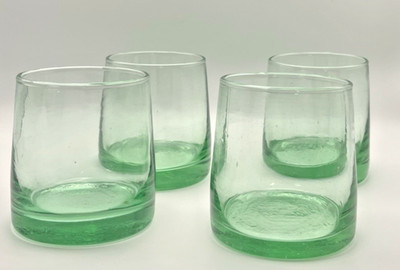 Juice Low Ball Drinking Cocktail Glasses Handblown Clear Green Set 4 heavy 3.5''