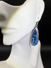 Sterling Silver Bezel Set Lab Created Blue Topaz Teardrop Pierced Earrings