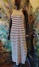 Loft Womens Flattering White & Black Sleeveless Midi Ribbed Stretch Dress S