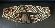 Brown/Black/White Wooden Beaded Wide Elastic Geometric Belt Wood Clasp Buckle M