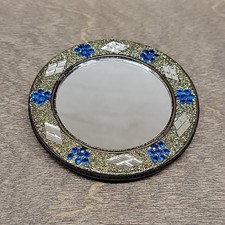Glittery Compact Makeup Mirror Mini Small Purse Travel Blue Floral Decorative