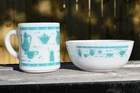 VTG 1950s Hazel Atlas Kitchen Aids Milk Glass Turquoise Teal Bowl and Coffee Mug