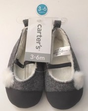 Baby Girl Carter's Gray Mary Jane Crib Shoes with white puff. NWT