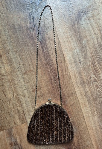 Vintage Walborg Beaded Brown Handmade Handbag Clutch Purse Gold Chain - Picture 2 of 5