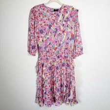 Vintage Mayeelok 80's Ruffle Floral Pink Long Sleeve Dress Small