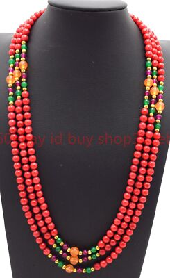 Natural 3 Rows 5mm Red Coral Gemstone Round Beads Jewellry Necklace 18-20in