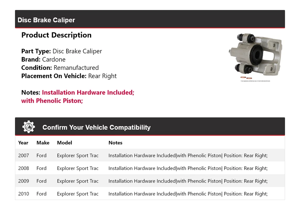 Pinza de freno de disco trasera derecha Cardone para Ford Explorer Sport Trac 2007-2010 Foto 2 de 4
