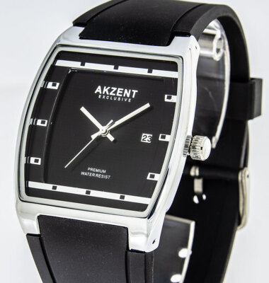 Herrenuhr Akzent Exclusiv Farbe silber Silikonband schwarz Datum 3ATM Tonneau