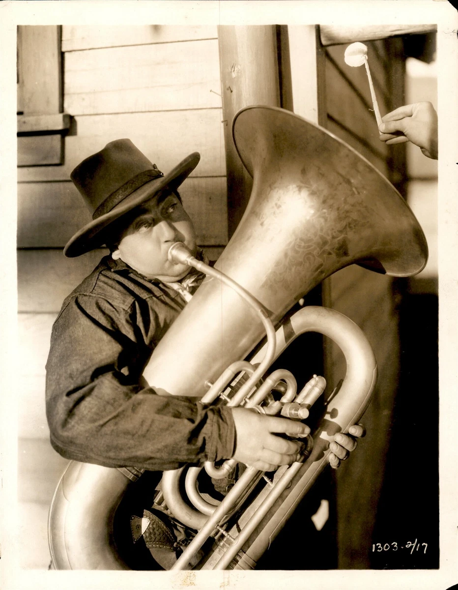 GA130 Original Photo FAT MAN BLOWING TUBA Giant Brass Horn Western Actor  Scene