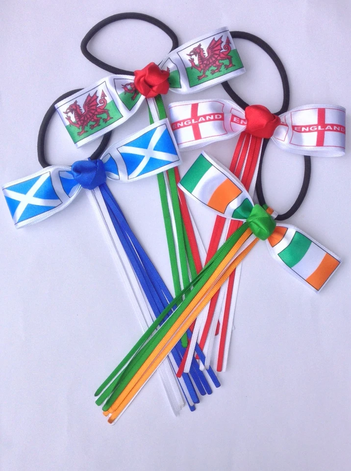 England Ireland Scotland Wales Flag Streamer Ribbon Hair Bow Bobble