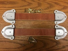 Antique Trunk Hardware- 2 Leather Handles-4 Silver Metal end caps-& nails--D