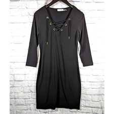 Calvin Klein Black Mini Dress Womens 4 XS Lace Up Bodycon 3/4 Sleeve Stretch