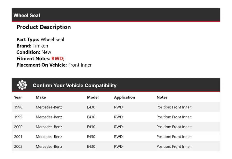 Sello de rueda interior delantero Timken 1999 2000 para Mercedes-Benz E430 1998-2002 tracción trasera Foto 2 de 4