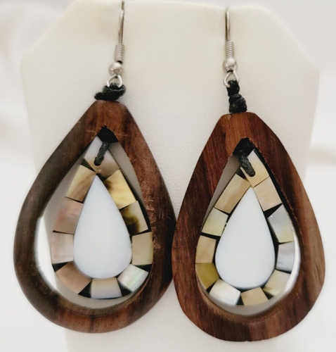 Boho Tribal Mother of Pearl inlay Teardrop Wood Dangle Drop Earrings 2.75" L - Picture 5 of 8