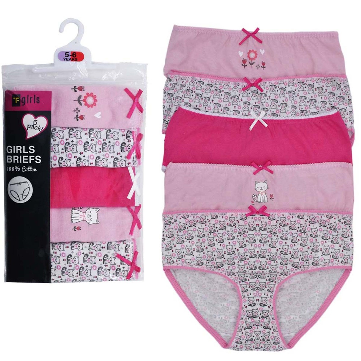Girls 5-Pack Cotton Briefs – 100% Cotton, Bow Accents, Toddler & Kids Underwear Multipack