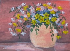 ACEO Original Vase Full of Flowers Acrylic Color 100% Hand Painting Collectibles